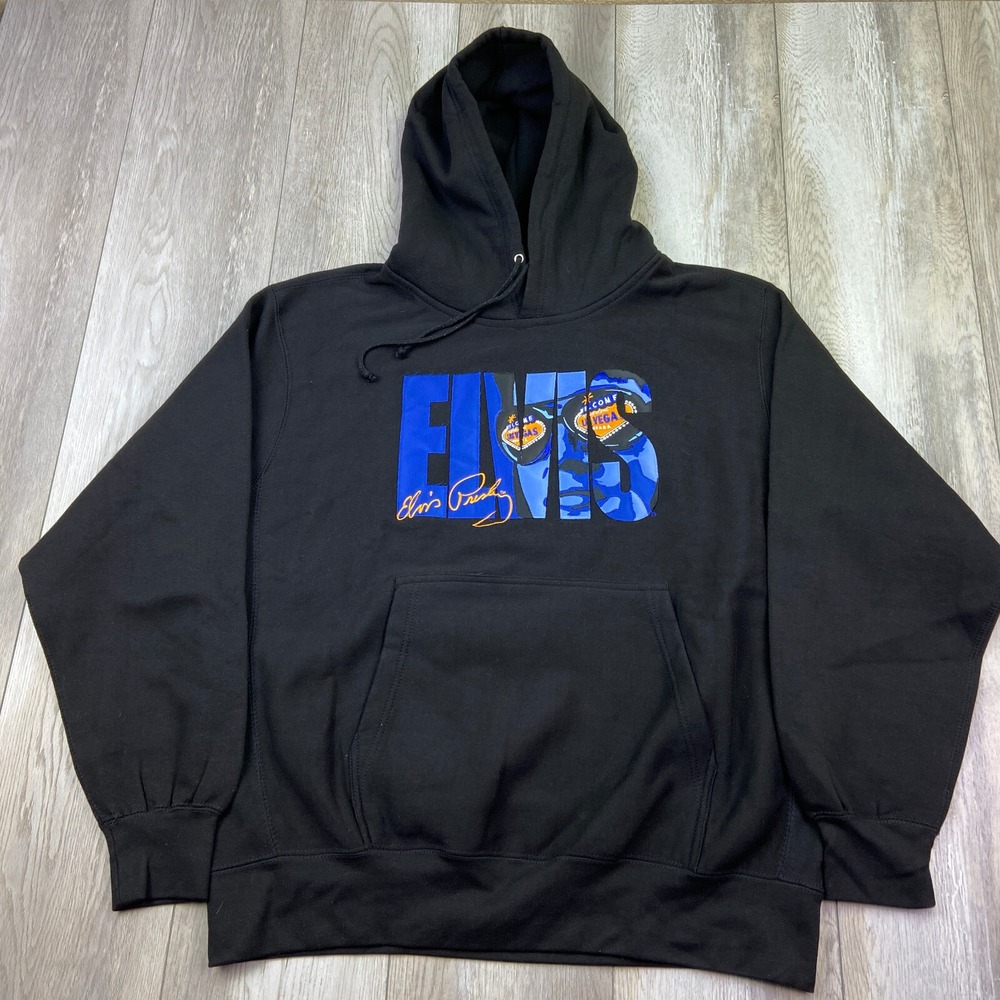 VINTAGE Las Vegas Elvis Presley Hoodie Mens XL Black Blue Embroidered Hooded
